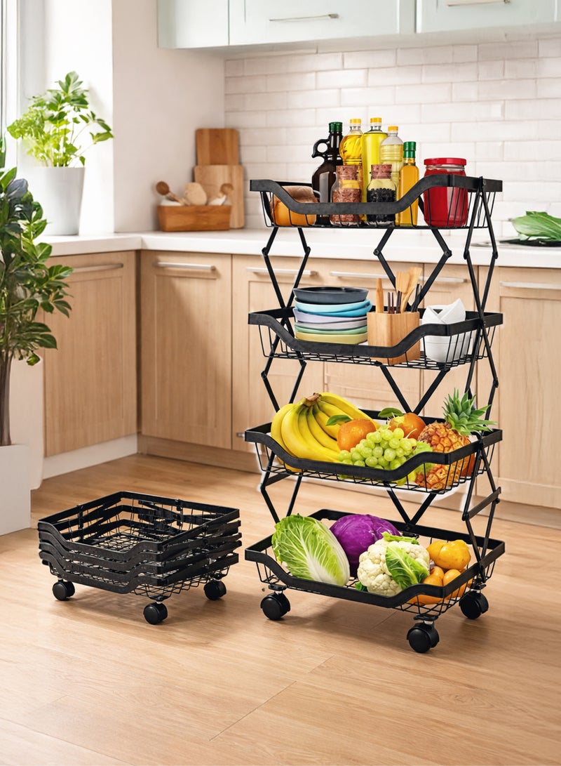 Toshionics 4 Tier Foldable Rolling Storage Cart with Metal Mesh Baskets, Collapsible Pantry Organizer with Wheels, Fruit Vegetable Onion Potato Snack Basket Rack for Kitchen Bathroom Garage - Image 1